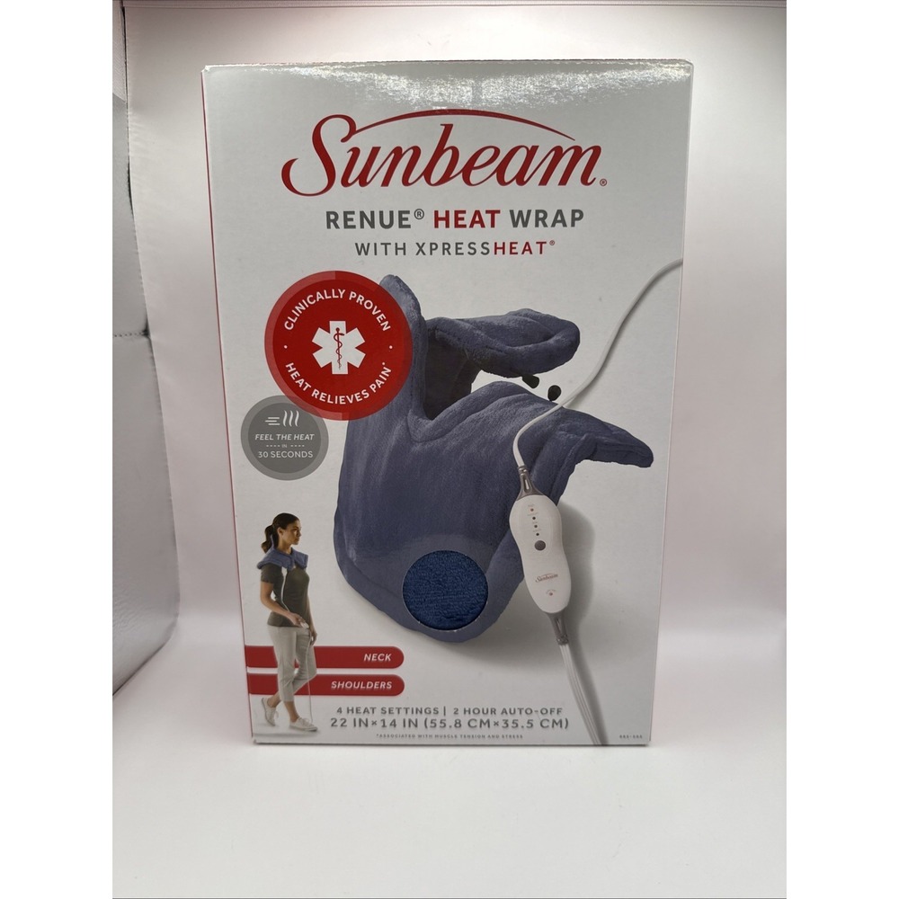 Sunbeam Renue Heat Wrap for Neck & Shoulders Spread Heat 22"x14" New In Box Blue